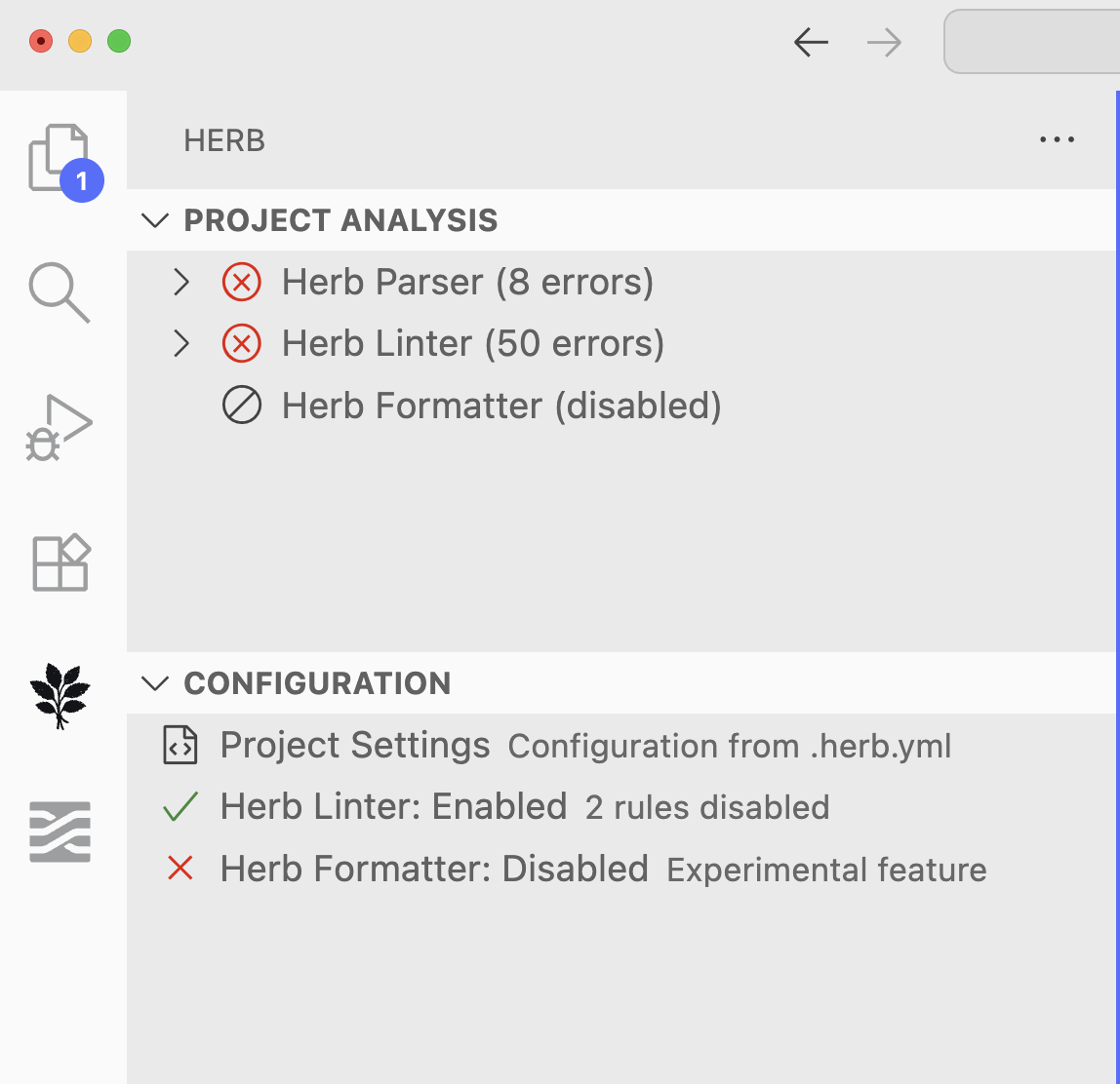 Visual Studio Code sidebar showing Herb configuration status